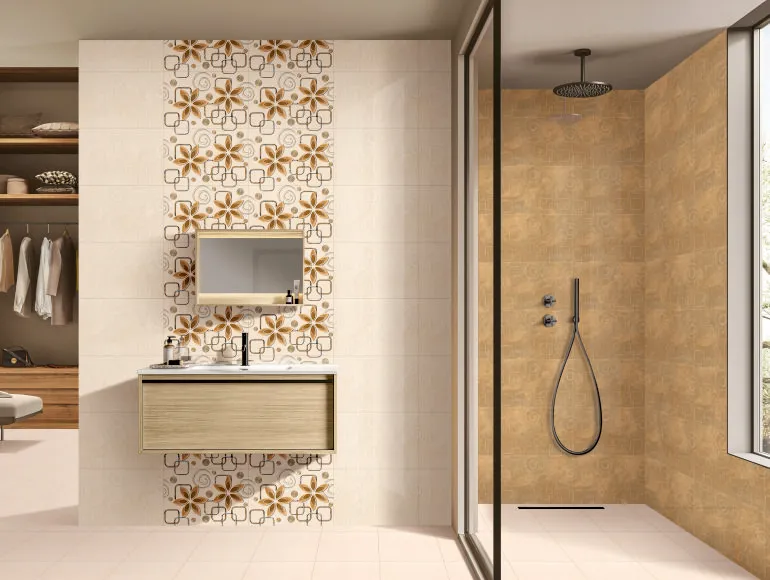 Contemporary master bathroom design with natural lighting and shower area